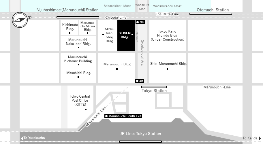 Map of the NYK head office, with directions from JR Tokyo Station.